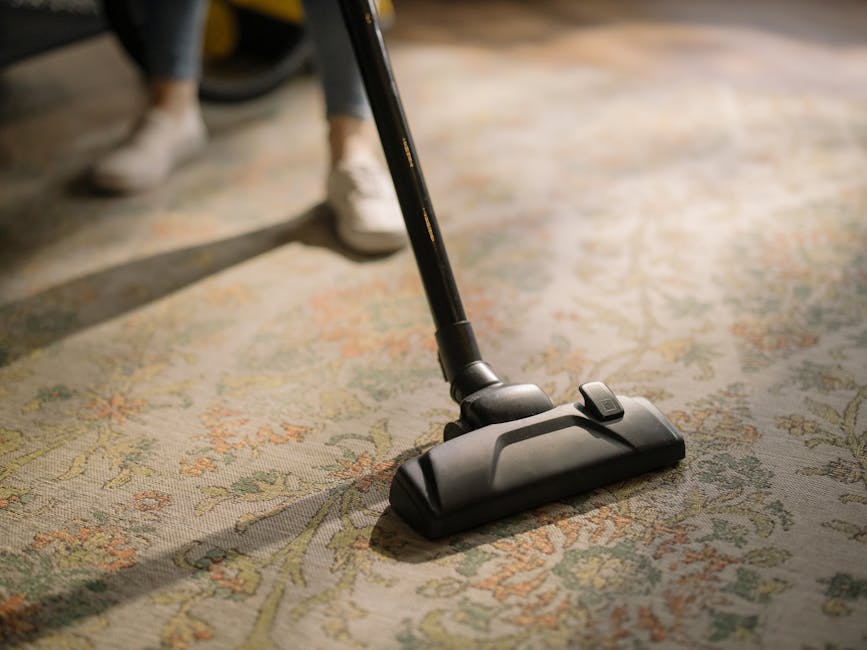 Close-up of a vacuum cleaner nozzle being used on an ornate, patterned carpet in a residential living room. The carpet features floral motifs with shades of beige, green, and orange. The vacuum cleaner has a black body with a sleek design, and the person's legs, wearing dark pants and white sneakers, are visible in the background. Natural light illuminates the area, highlighting the clean, dust-free surface. This image emphasizes surface cleaning and deep cleaning techniques, as part of the domestic cleaning services offered by Catford Cleaner for flats on Rushey Green SE6.